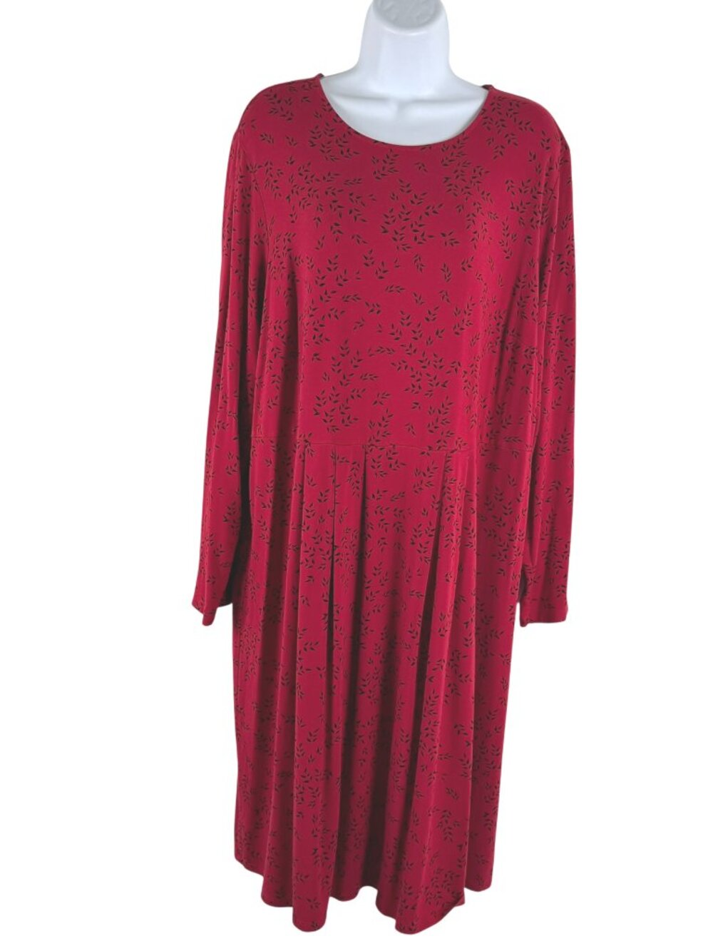 J. Jill Wearever Collection Dress 2X Red Black Leaf Print Long Sleeve DR-1880